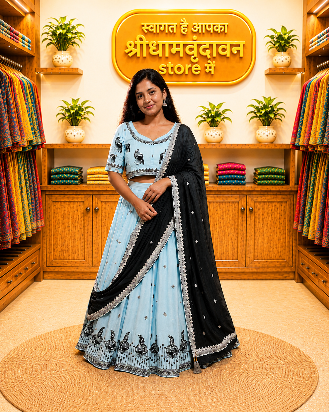 Sky Blue Printed Anarkali Suit with Black Dupatta