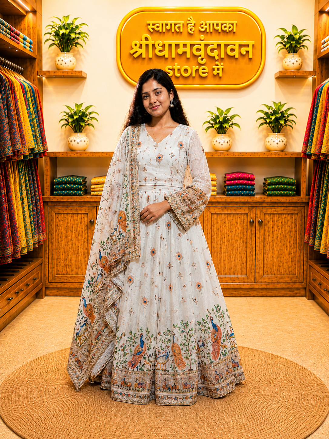 Women’s White Printed Anarkali Dress with Dupatta