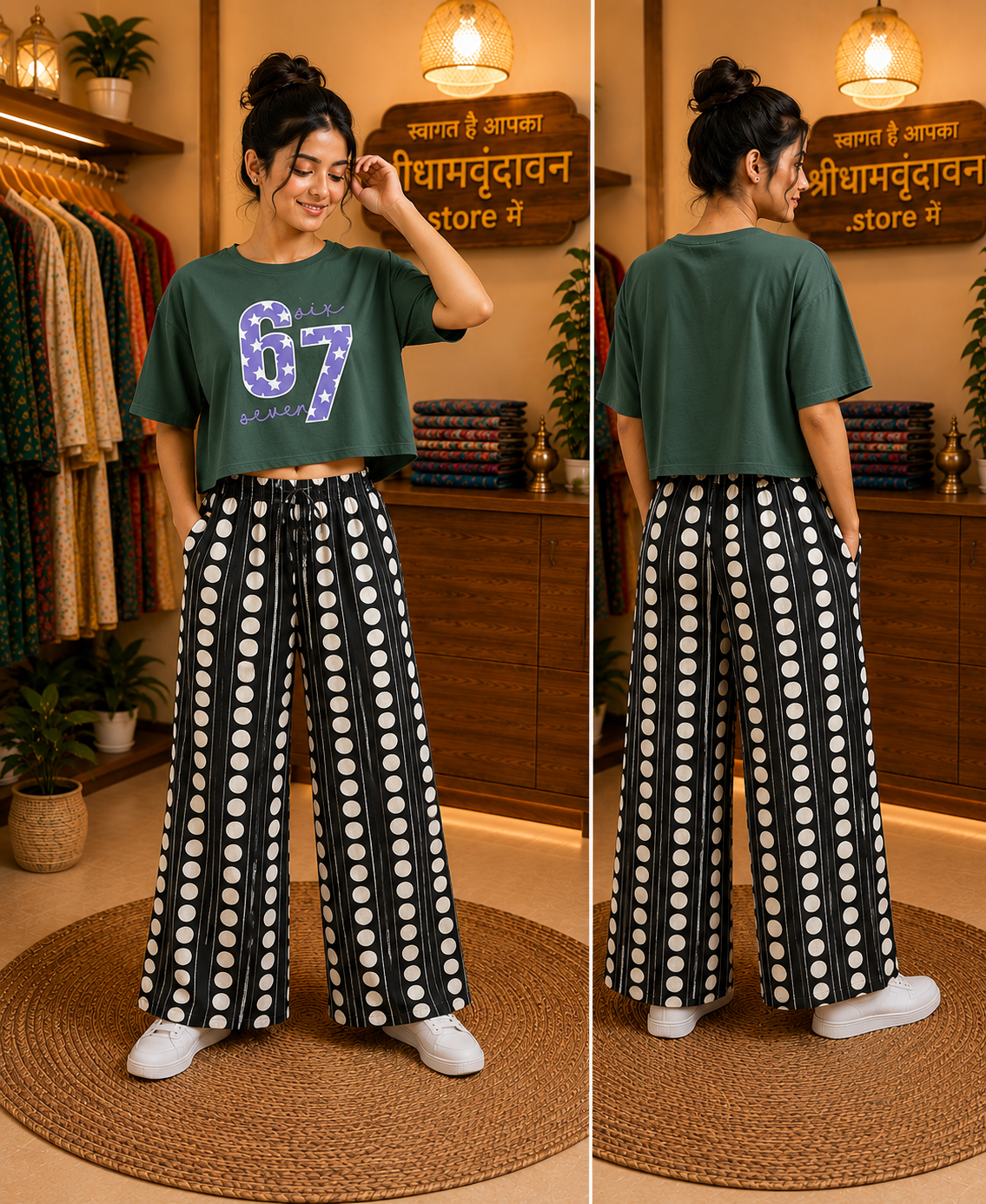 Olive Green 67 Crop Top & Polka Palazzo Set