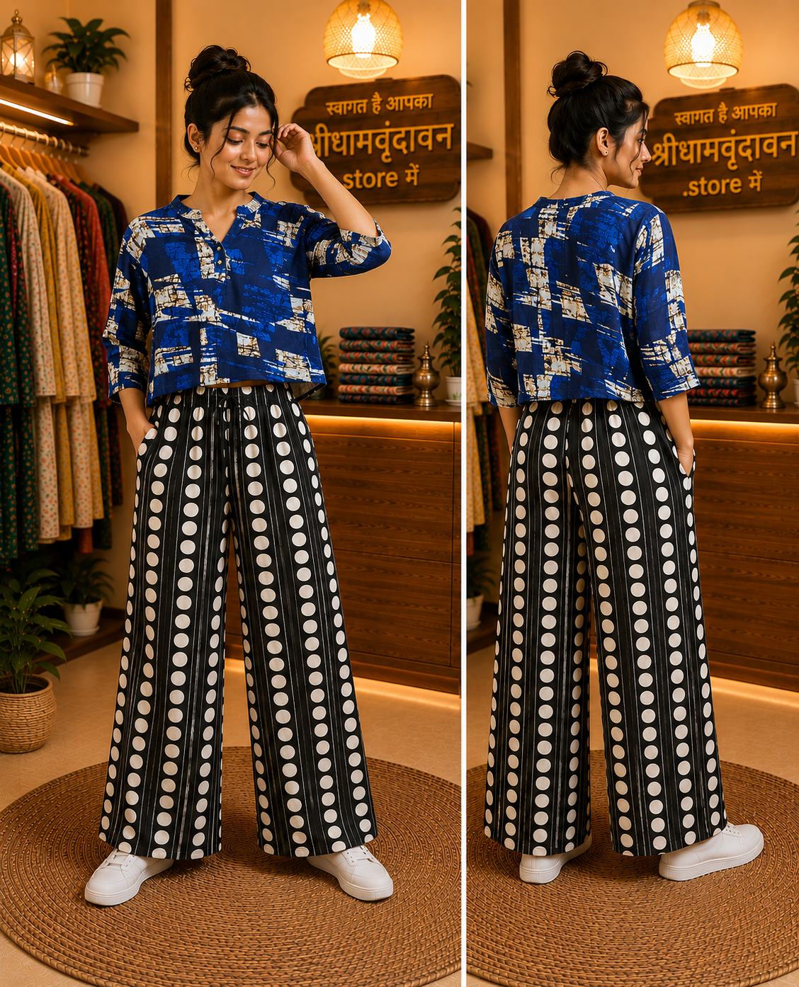 Royal Blue Printed Crop Kurti & Polka Palazzo Set