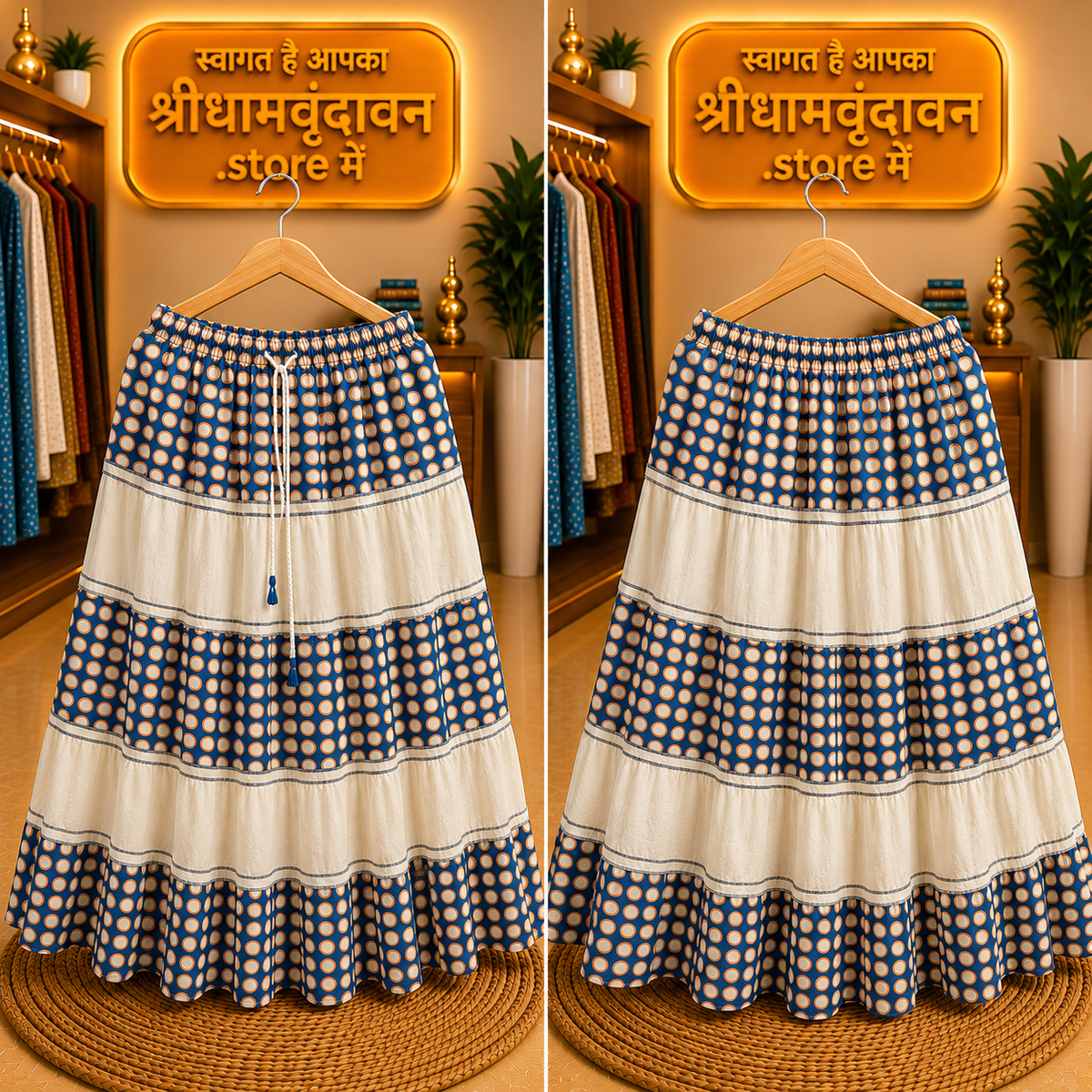 Blue & White Printed Tiered Skirt