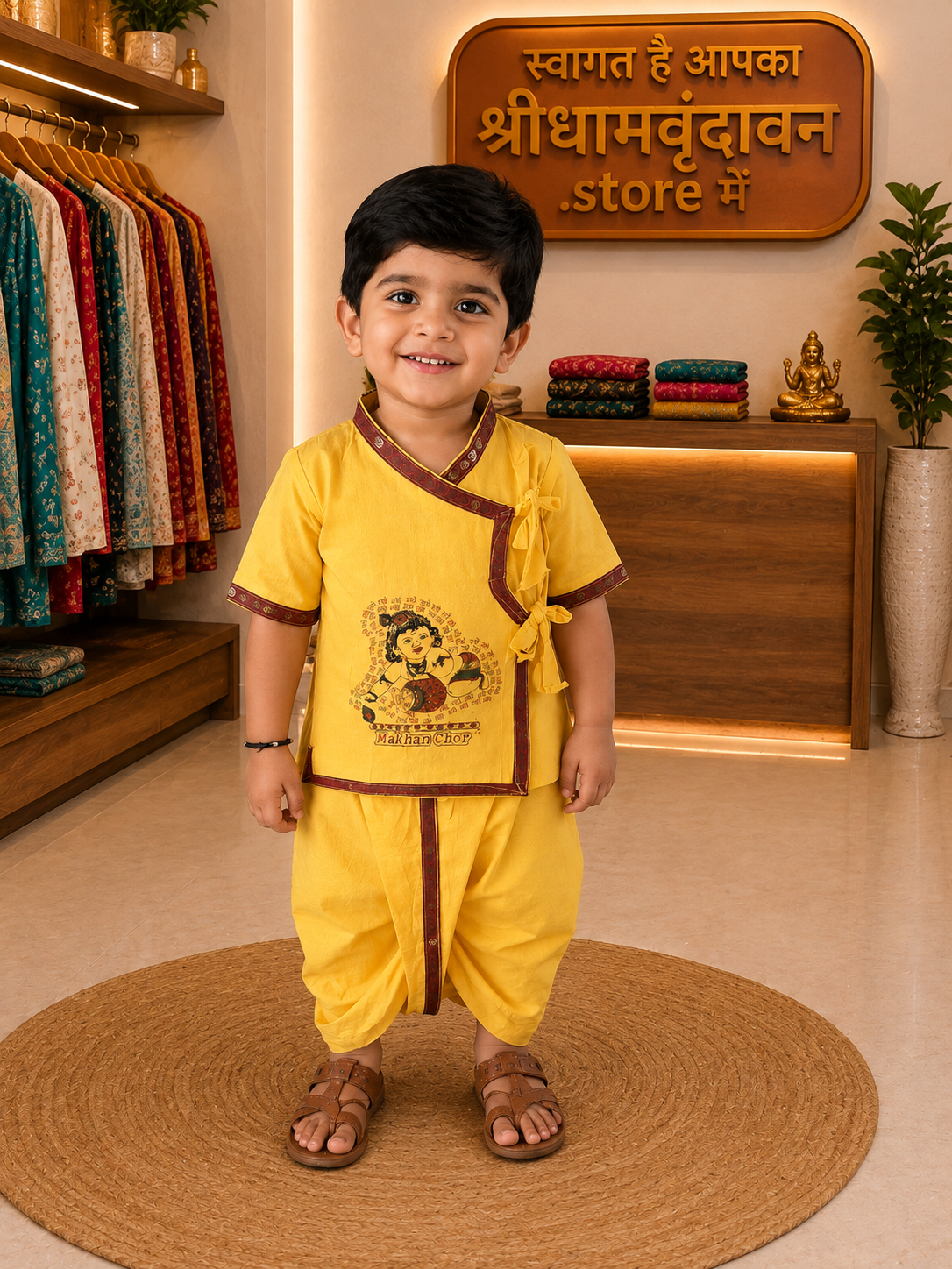 Yellow Makhan Chor Dhoti Kurta Set for Kids