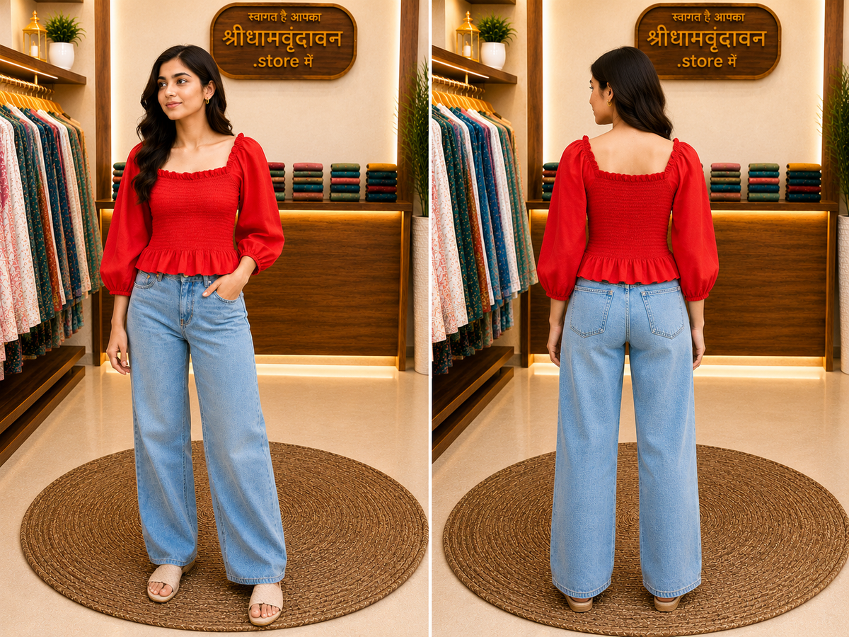 Red Smocked Puff-Sleeve Top