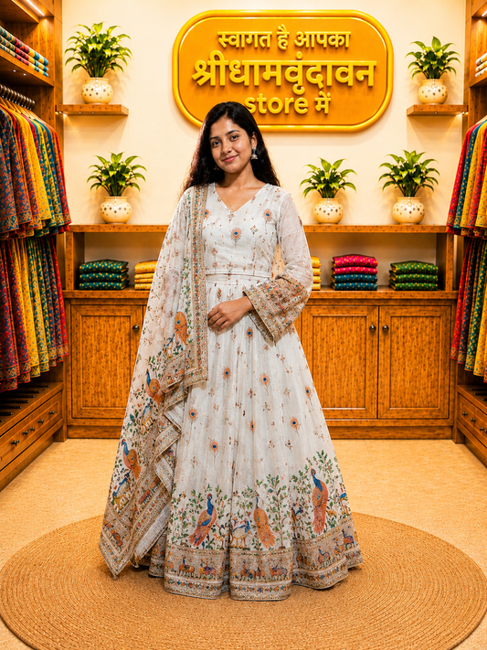 Women’s White Printed Anarkali Dress with Dupatta