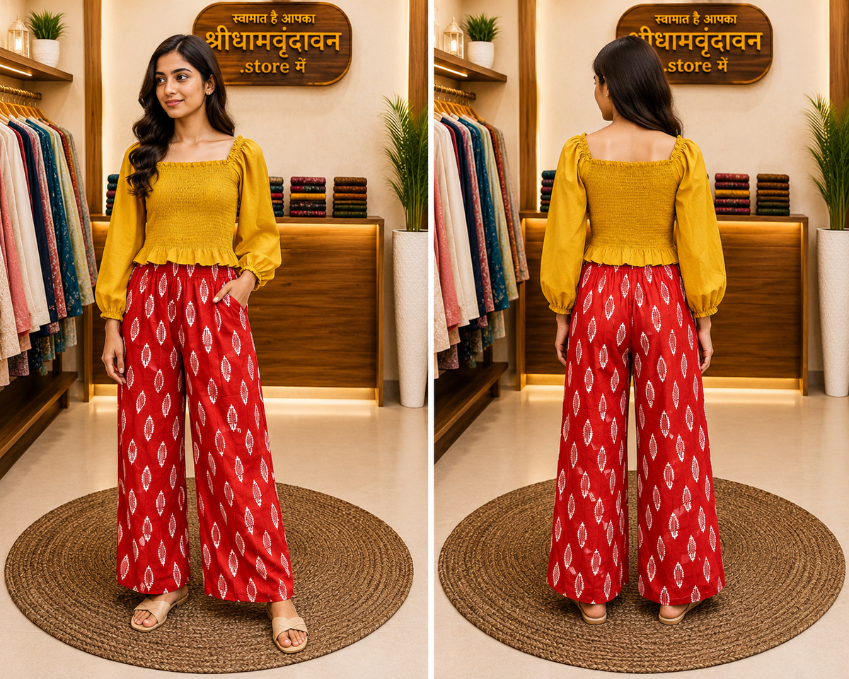Mustard Smocked Blouse With Red Printed Palazzo
