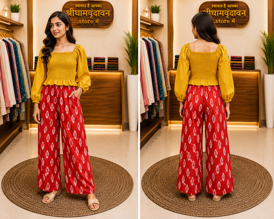 Mustard Smocked Blouse With Red Printed Palazzo