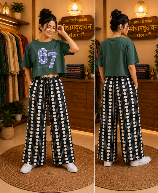 Olive Green 67 Crop Top & Polka Palazzo Set