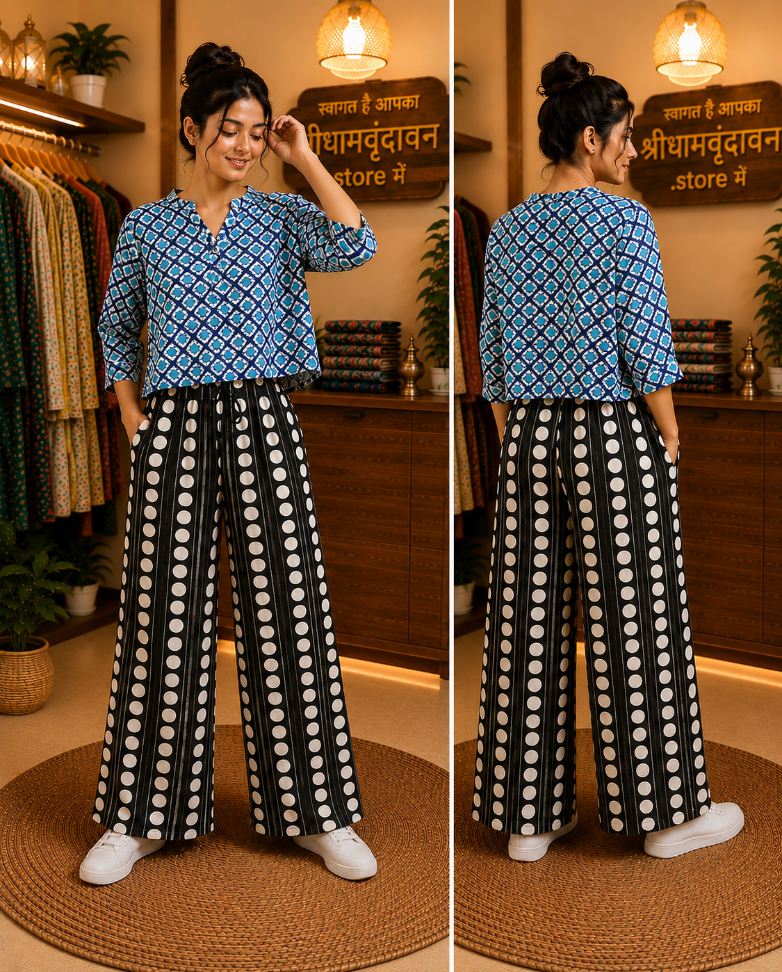 Blue Diamond Print Crop Kurti & Polka Palazzo Set