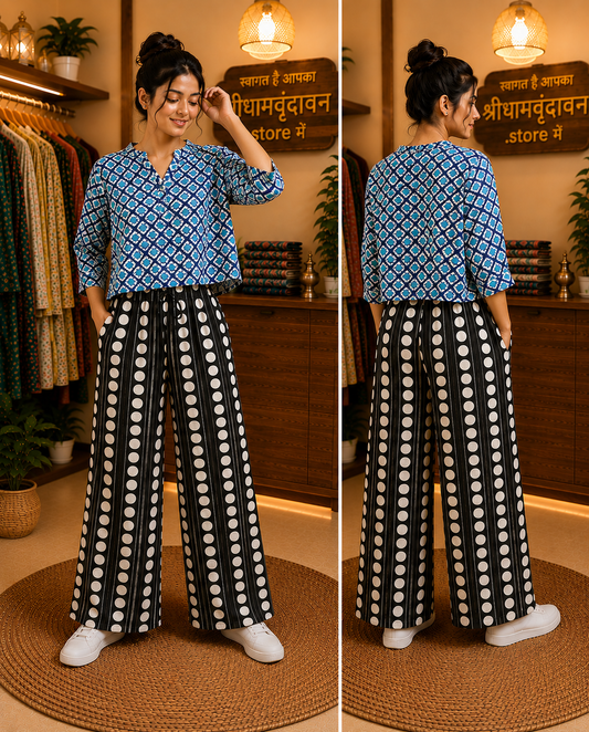Blue Diamond Print Crop Kurti & Polka Palazzo Set