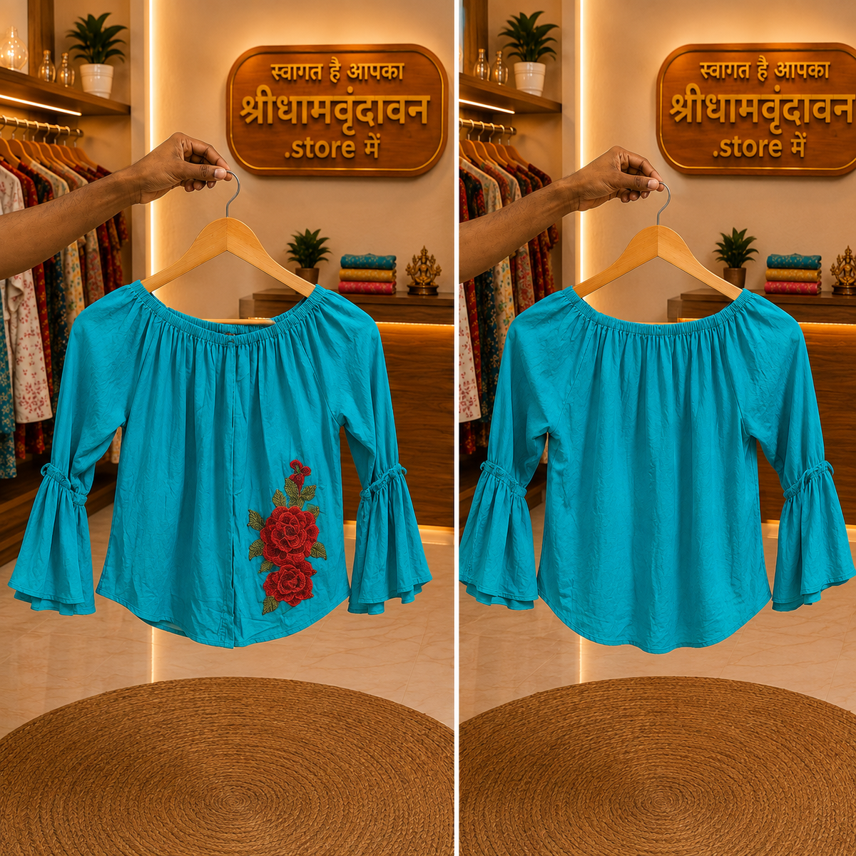 Turquoise Rose Embroidered Bell-Sleeve Top
