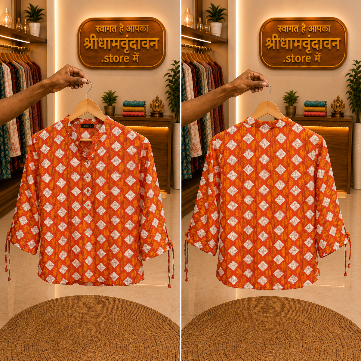 Orange Printed Tie-Sleeve Kurti