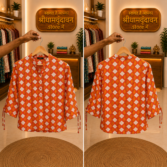 Orange Printed Tie-Sleeve Kurti