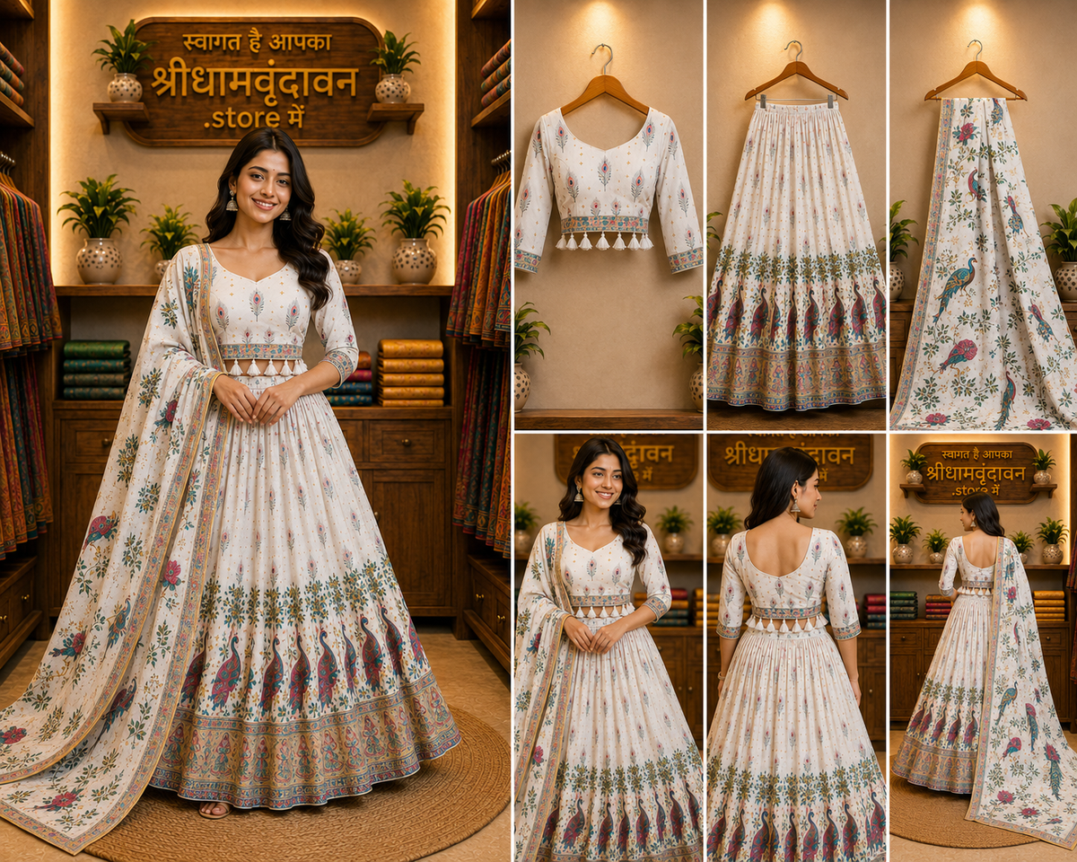 Women’s White Peacock Printed Anarkali with Dupatta