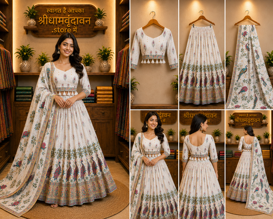 Women’s White Peacock Printed Anarkali with Dupatta